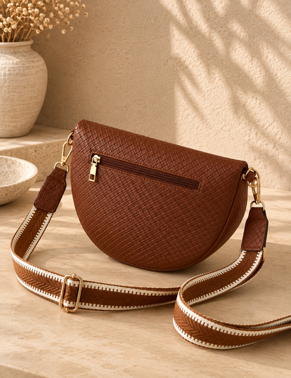 Sac banane femme XL en cuir tressé marron – Porte-monnaie assorti – Bandoulière interchangeable