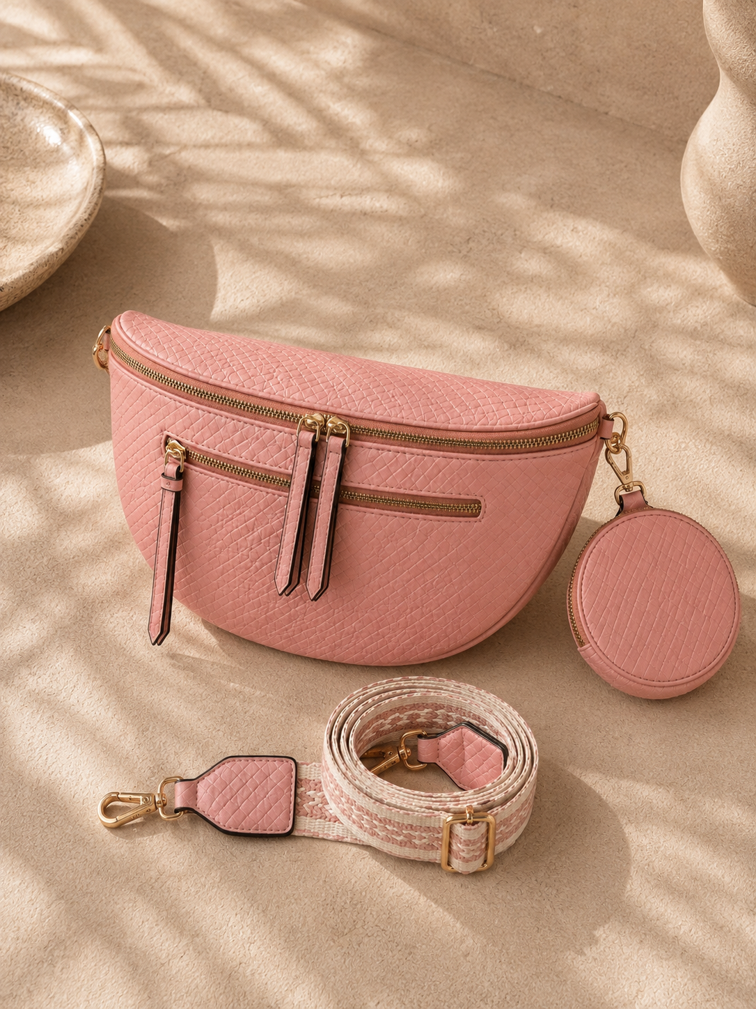 Sac banane femme XL en cuir tressé rose saumon – Porte-monnaie assorti – Bandoulière interchangeable