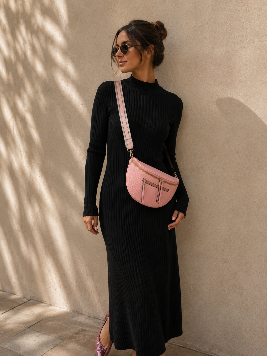 Sac banane femme XL en cuir tressé rose saumon – Porte-monnaie assorti – Bandoulière interchangeable