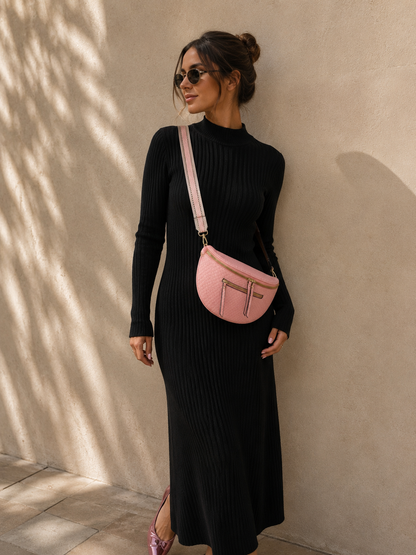 Sac banane femme XL en cuir tressé rose saumon – Porte-monnaie assorti – Bandoulière interchangeable