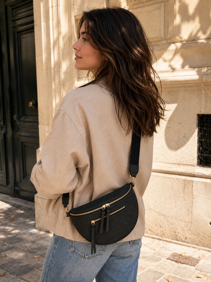 Sac banane femme vintage en daim noir anthracite – Porte-monnaie assorti – Bandoulière interchangeable