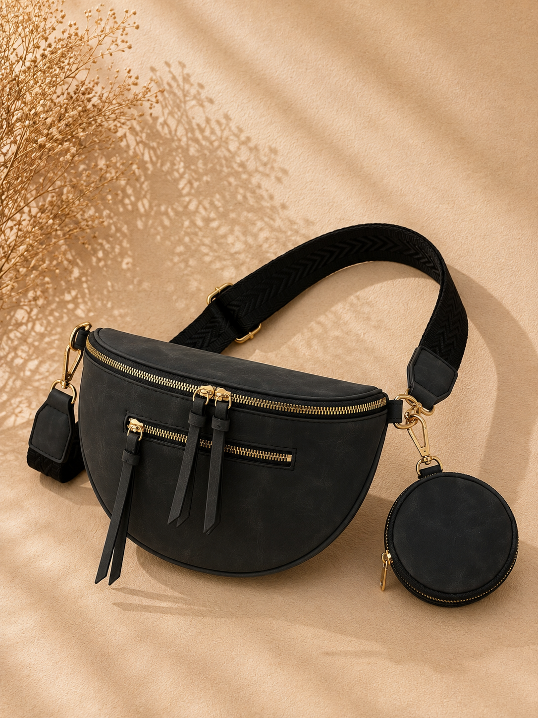 Sac banane femme vintage en daim noir anthracite – Porte-monnaie assorti – Bandoulière interchangeable