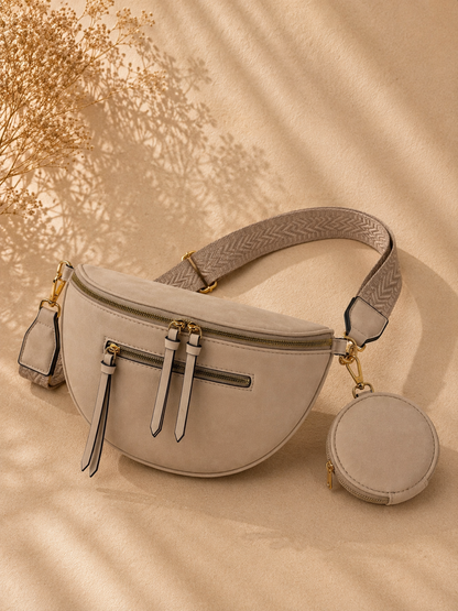Sac banane femme vintage en daim beige camel – Porte-monnaie assorti – Bandoulière interchangeable