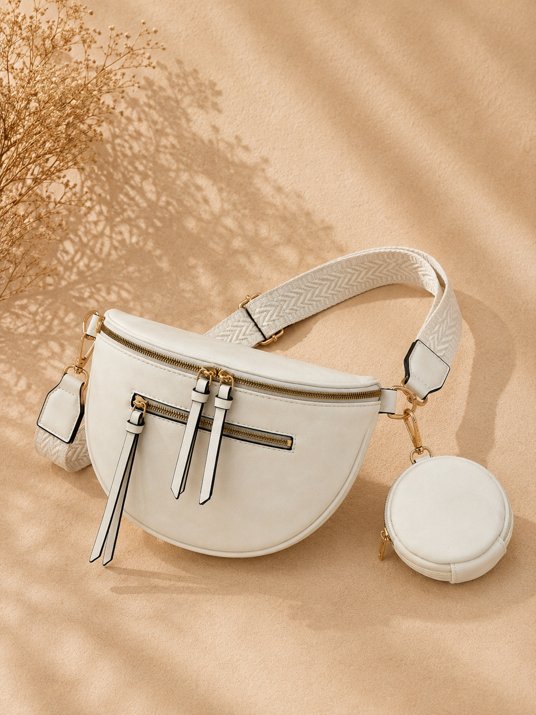 Sac banane femme vintage en daim blanc cassé – Porte-monnaie assorti – Bandoulière interchangeable