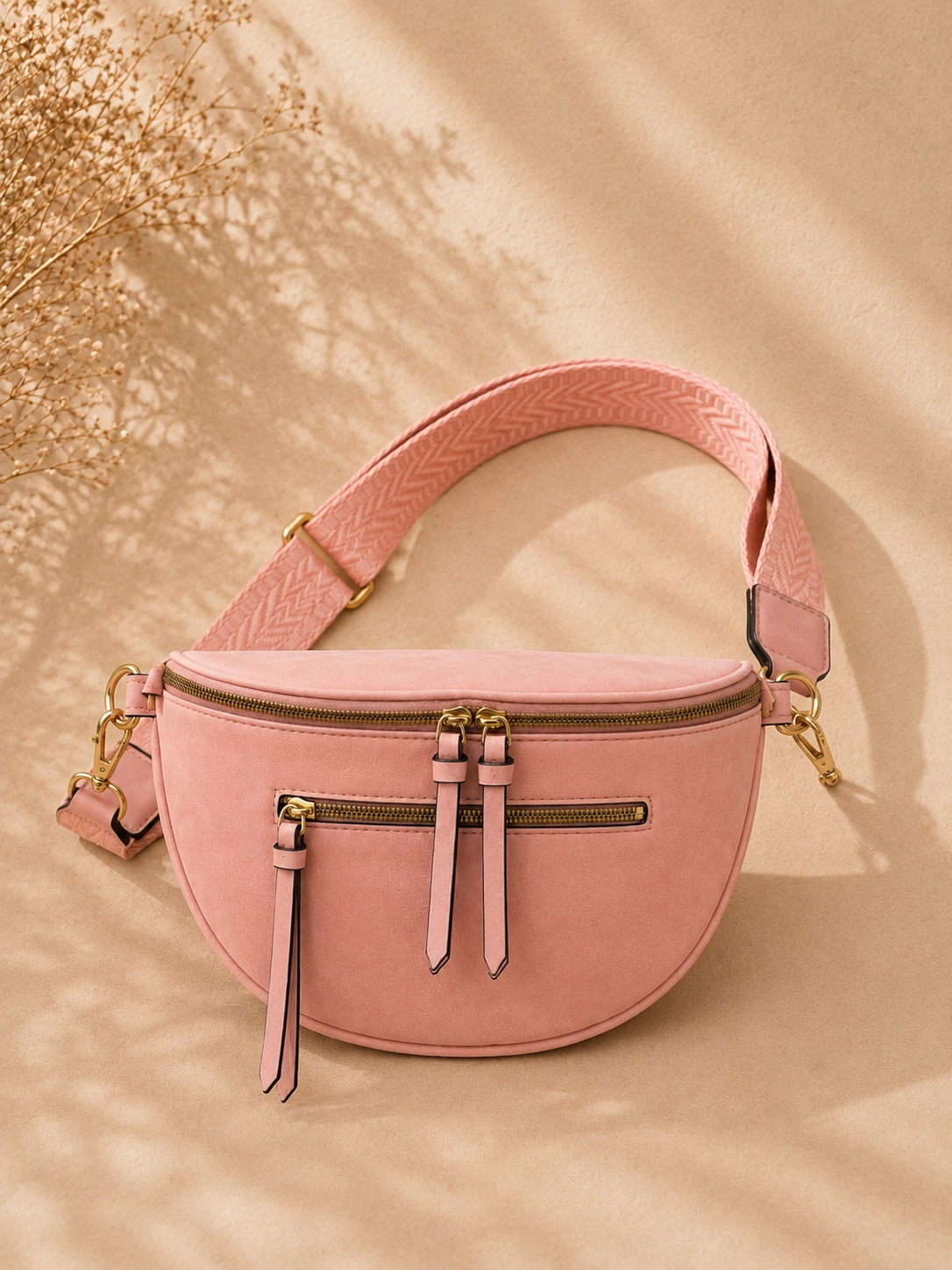 Sac banane femme vintage en daim rose poudré – Porte-monnaie assorti – Bandoulière interchangeable