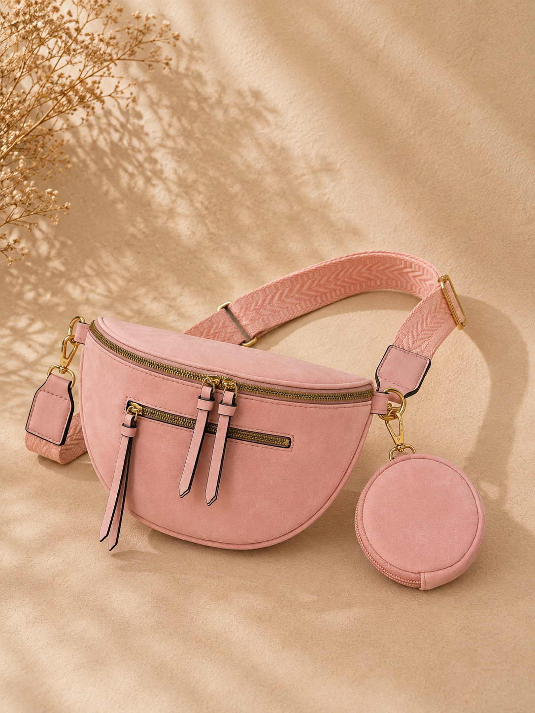 Sac banane femme vintage en daim rose poudré – Porte-monnaie assorti – Bandoulière interchangeable