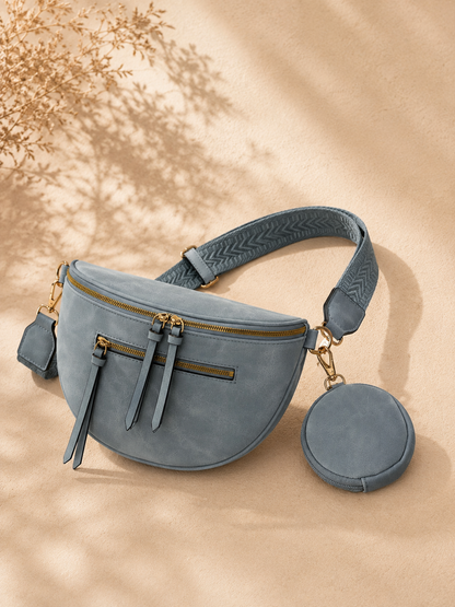 Sac banane femme vintage en daim bleu glacier – Porte-monnaie assorti – Bandoulière interchangeable