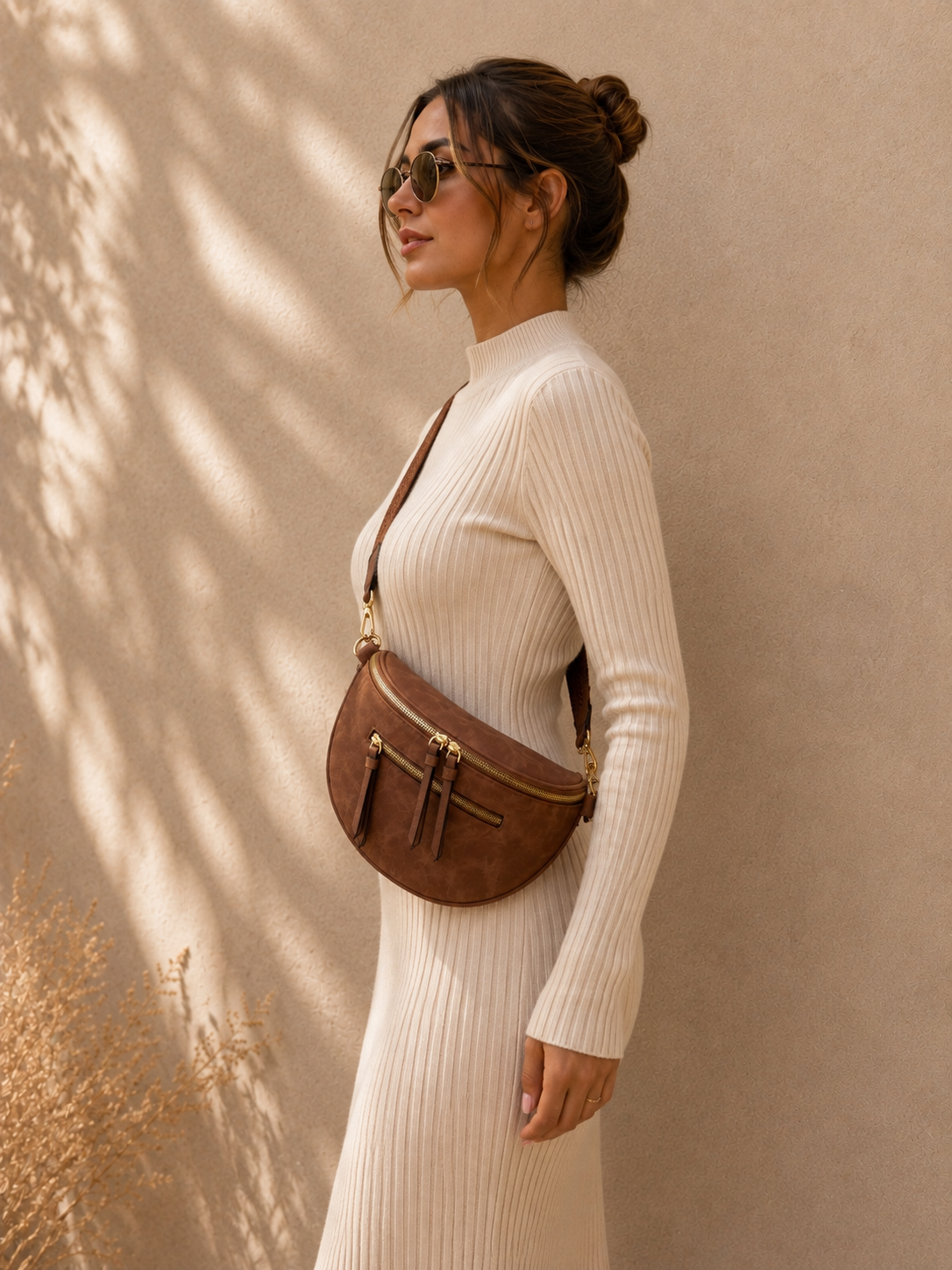 Sac banane femme vintage en daim marron – Porte-monnaie assorti – Bandoulière interchangeable