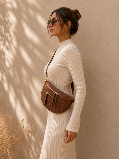 Sac banane femme vintage en daim marron – Porte-monnaie assorti – Bandoulière interchangeable