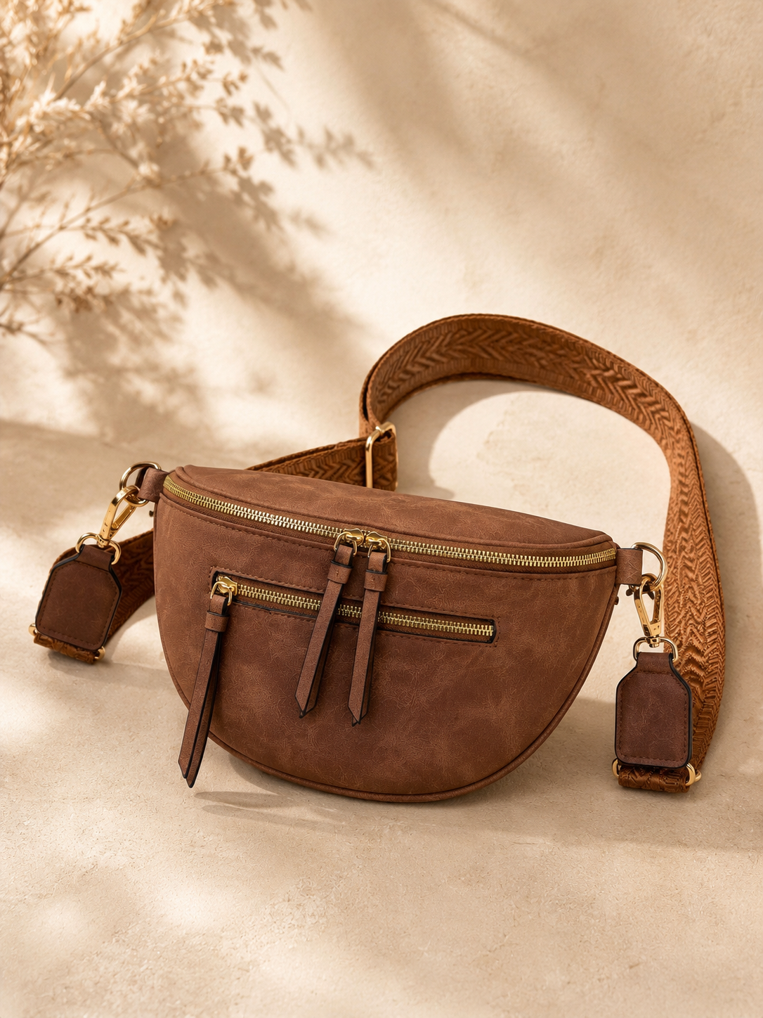 Sac banane femme vintage en daim marron – Porte-monnaie assorti – Bandoulière interchangeable