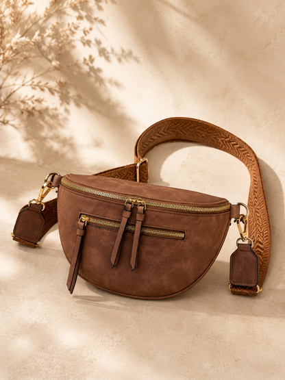 Sac banane femme vintage en daim marron – Porte-monnaie assorti – Bandoulière interchangeable