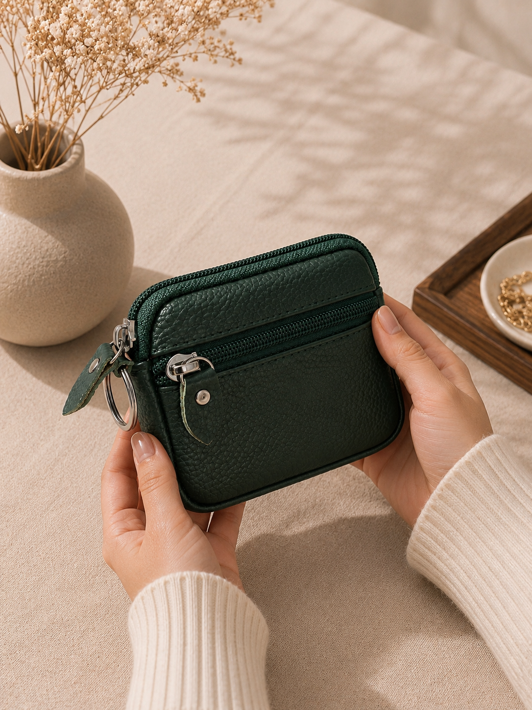 Porte-monnaie femme en cuir vert sapin