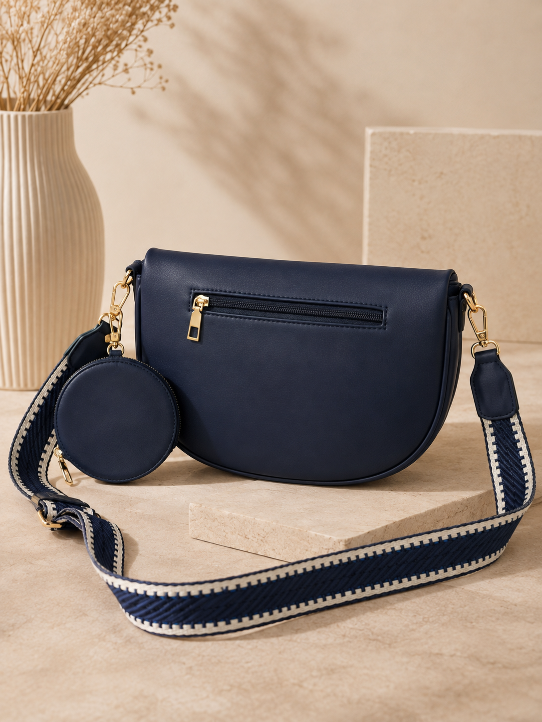 Sac banane femme XL bi-matière en daim bleu marine – Porte-monnaie assorti – Bandoulière interchangeable