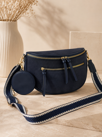 Sac banane femme XL bi-matière en daim bleu marine – Porte-monnaie assorti – Bandoulière interchangeable