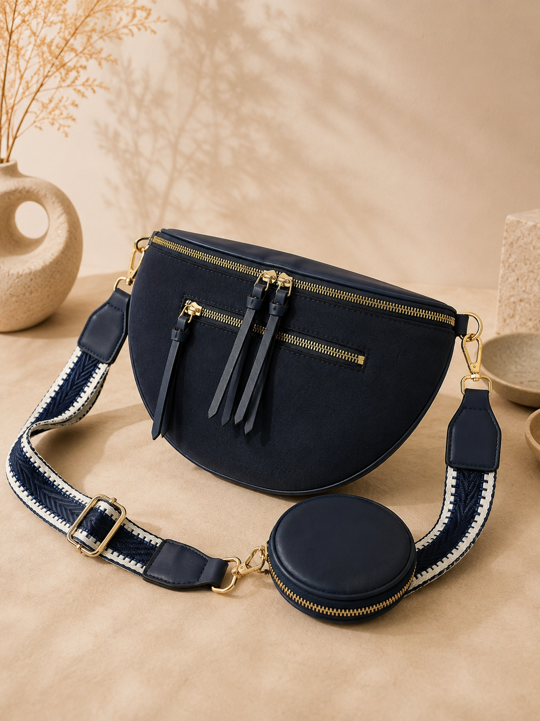 Sac banane femme XL bi-matière en daim bleu marine – Porte-monnaie assorti – Bandoulière interchangeable