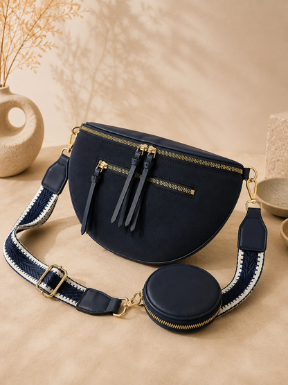 Sac banane femme XL bi-matière en daim bleu marine – Porte-monnaie assorti – Bandoulière interchangeable