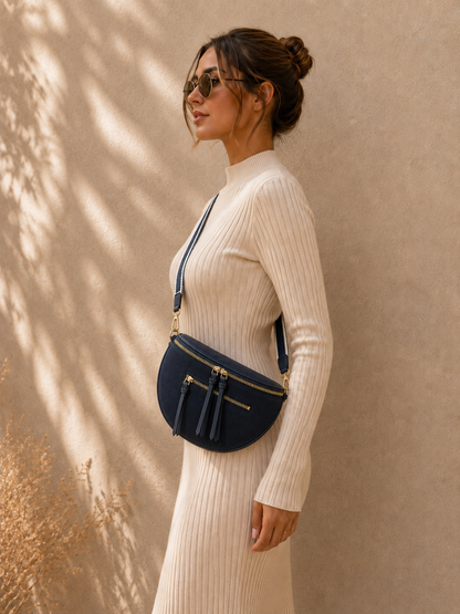 Sac banane femme XL bi-matière en daim bleu marine – Porte-monnaie assorti – Bandoulière interchangeable