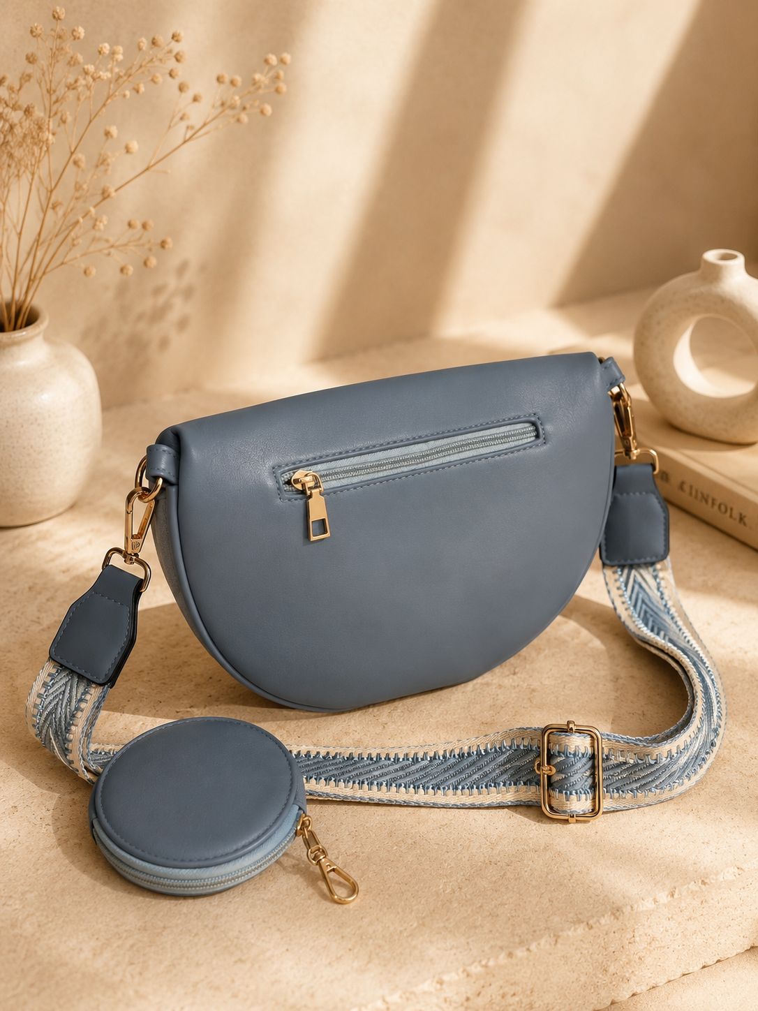 Sac banane femme XL bi-matière en daim bleu ardoise – Porte-monnaie assorti – Bandoulière interchangeable