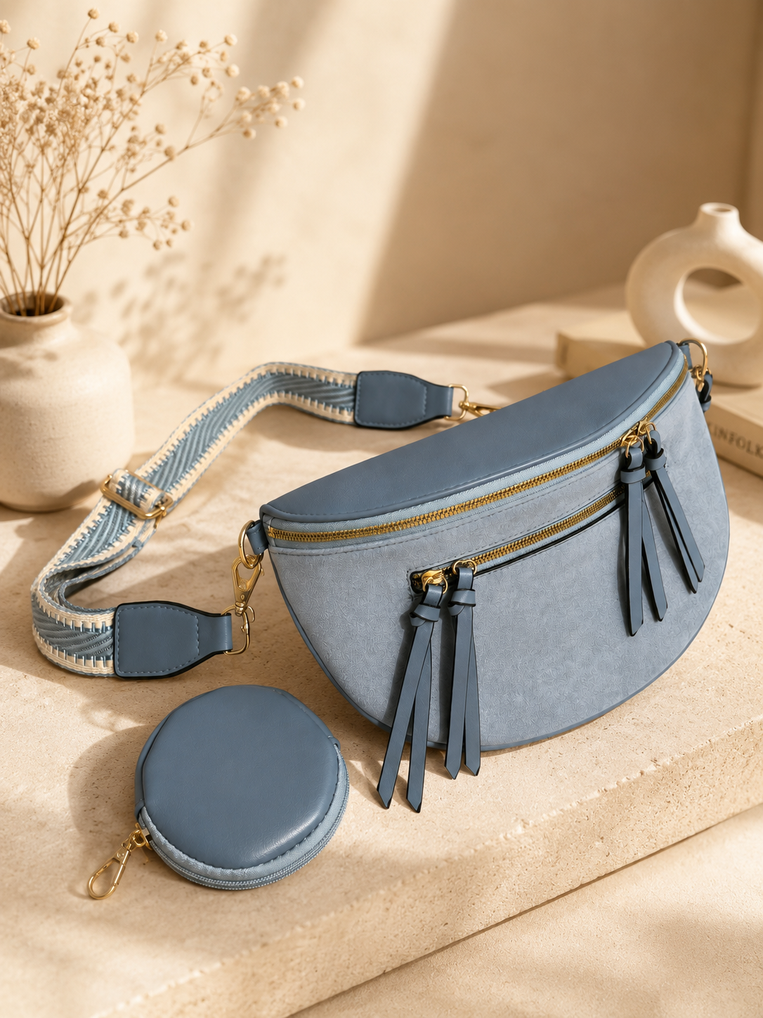 Sac banane femme XL bi-matière en daim bleu ardoise – Porte-monnaie assorti – Bandoulière interchangeable