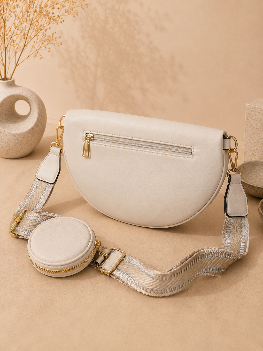 Sac banane femme XL bi-matière en daim blanc ivoire – Porte-monnaie assorti – Bandoulière interchangeable