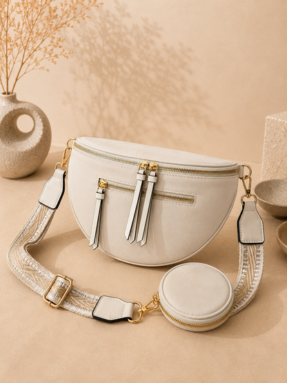 Sac banane femme XL bi-matière en daim blanc ivoire – Porte-monnaie assorti – Bandoulière interchangeable
