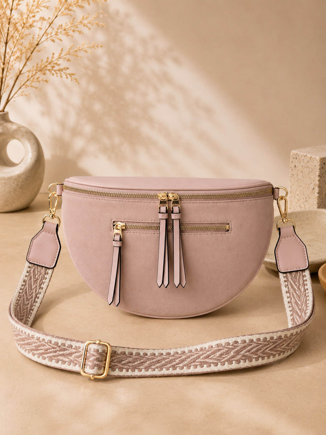 Sac banane femme XL bi-matière en daim rose poudré – Porte-monnaie assorti – Bandoulière interchangeable