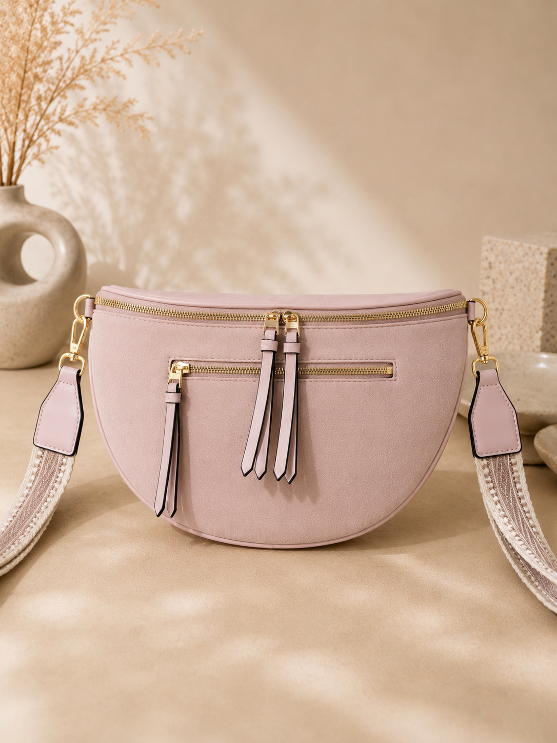 Sac banane femme XL bi-matière en daim rose poudré – Porte-monnaie assorti – Bandoulière interchangeable