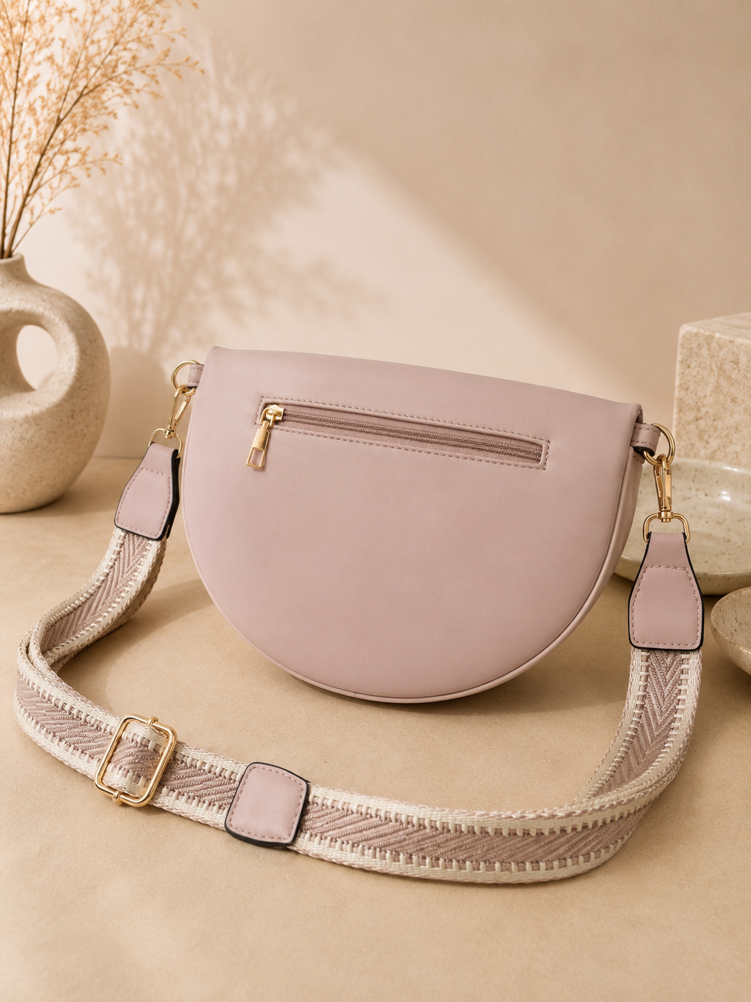 Sac banane femme XL bi-matière en daim rose poudré – Porte-monnaie assorti – Bandoulière interchangeable