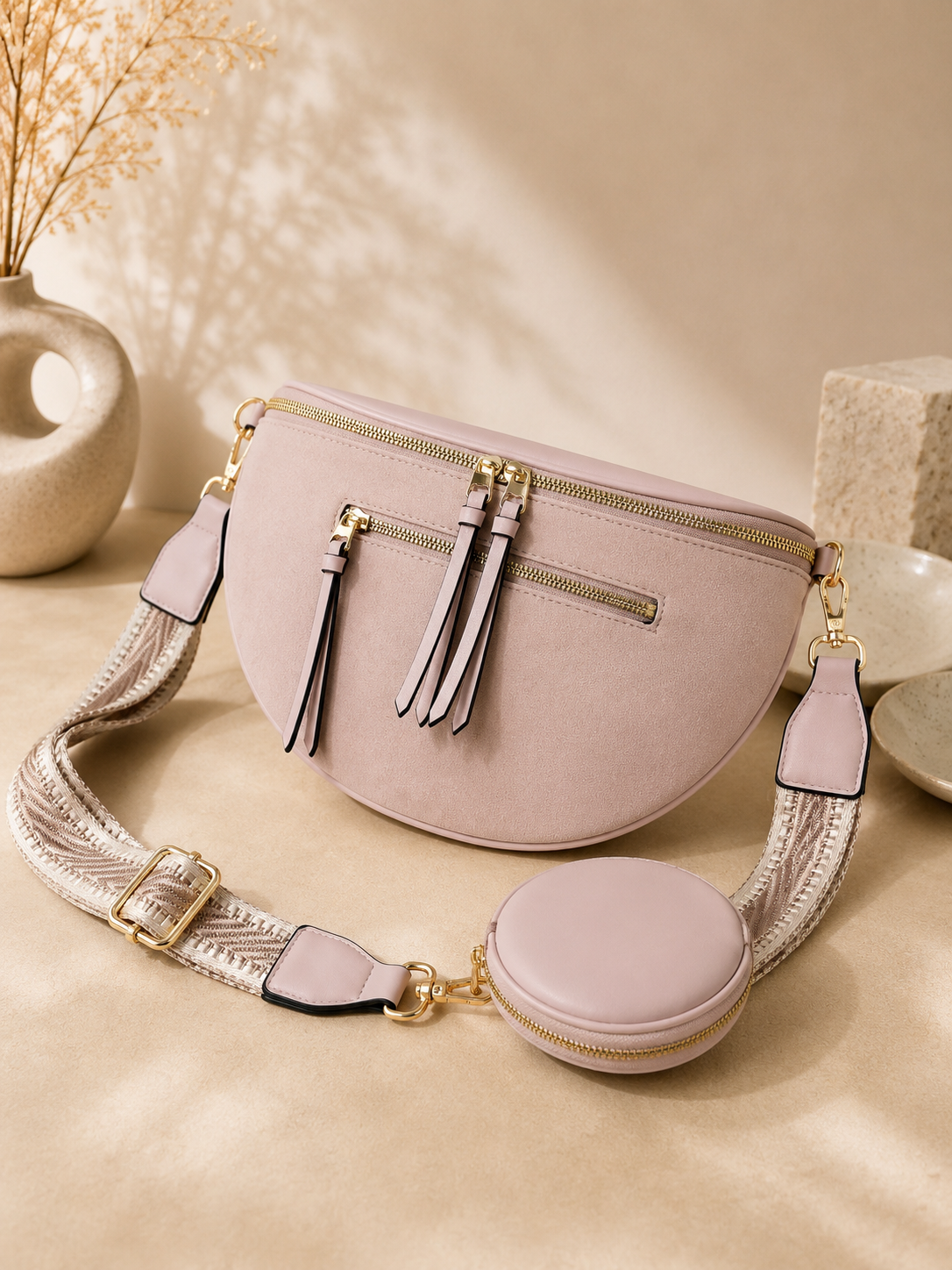 Sac banane femme XL bi-matière en daim rose poudré – Porte-monnaie assorti – Bandoulière interchangeable