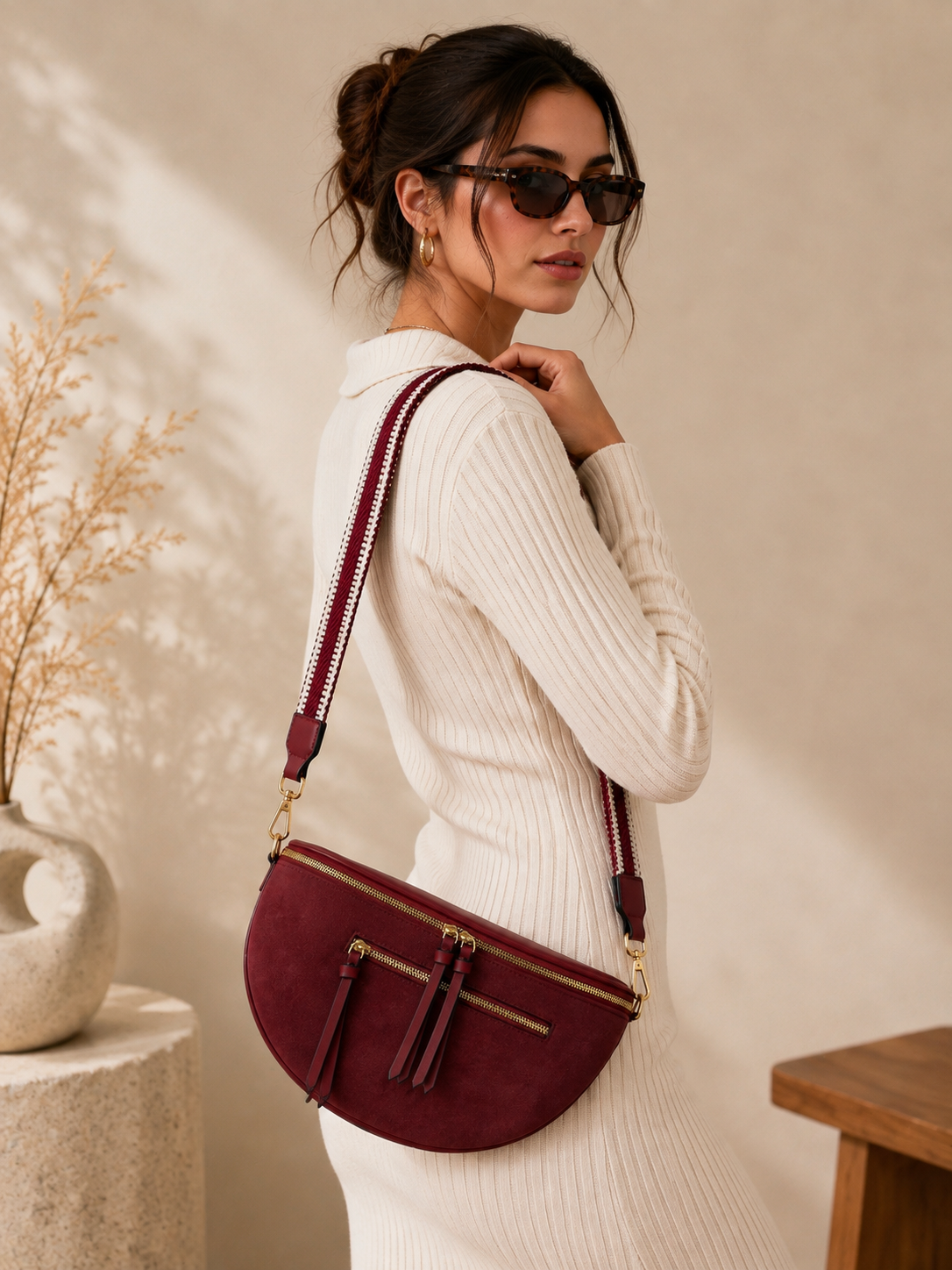 Sac banane femme XL bi-matière en daim rouge rubis – Porte-monnaie assorti – Bandoulière interchangeable