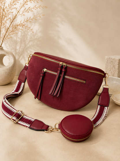 Sac banane femme XL bi-matière en daim rouge rubis – Porte-monnaie assorti – Bandoulière interchangeable