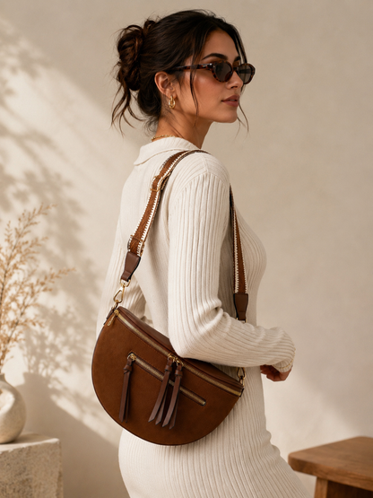 Sac banane femme XL bi-matière en daim marron châtaigne – Porte-monnaie assorti – Bandoulière interchangeable