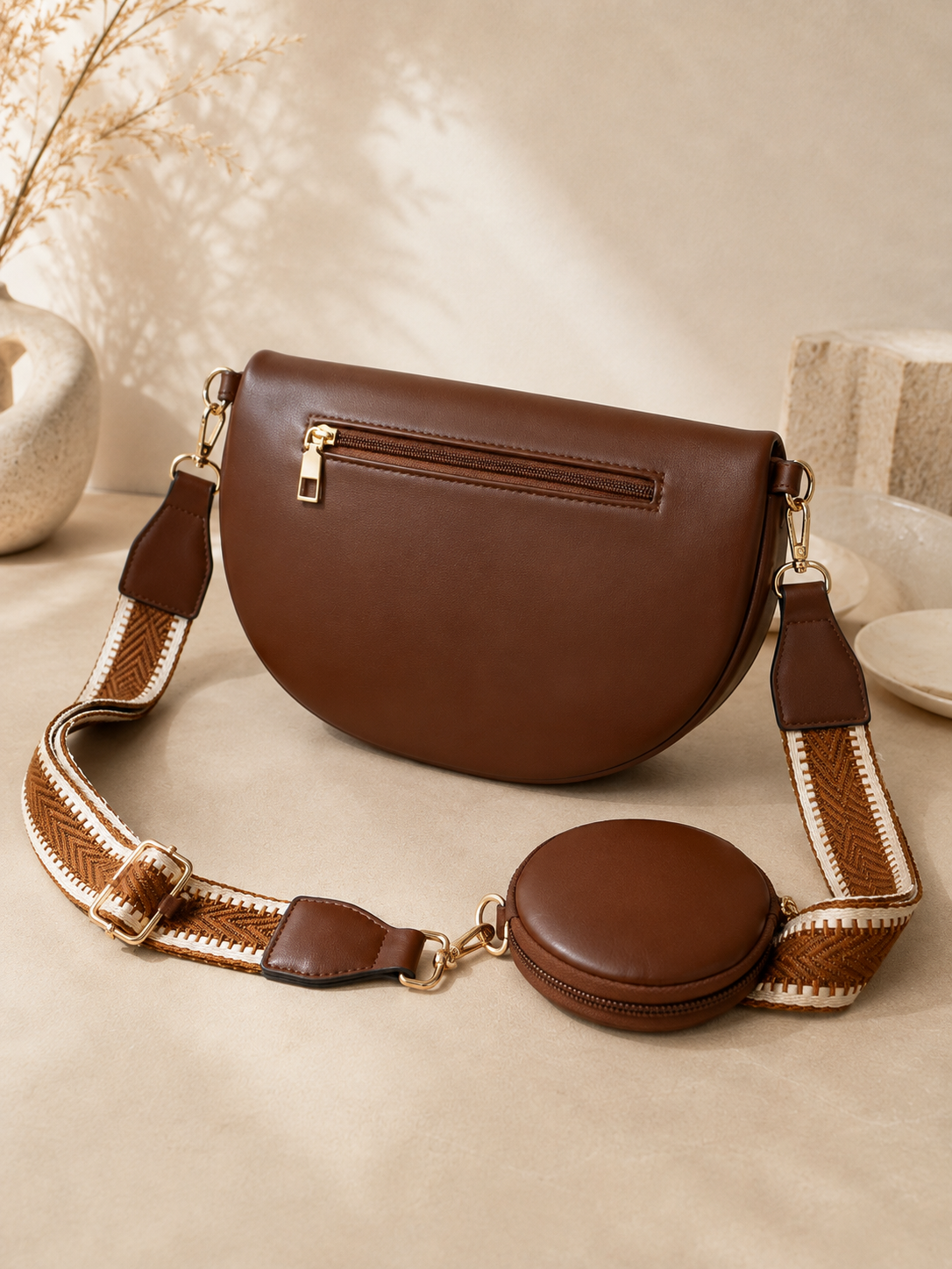 Sac banane femme XL bi-matière en daim marron châtaigne – Porte-monnaie assorti – Bandoulière interchangeable