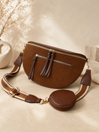 Sac banane femme XL bi-matière en daim marron châtaigne – Porte-monnaie assorti – Bandoulière interchangeable