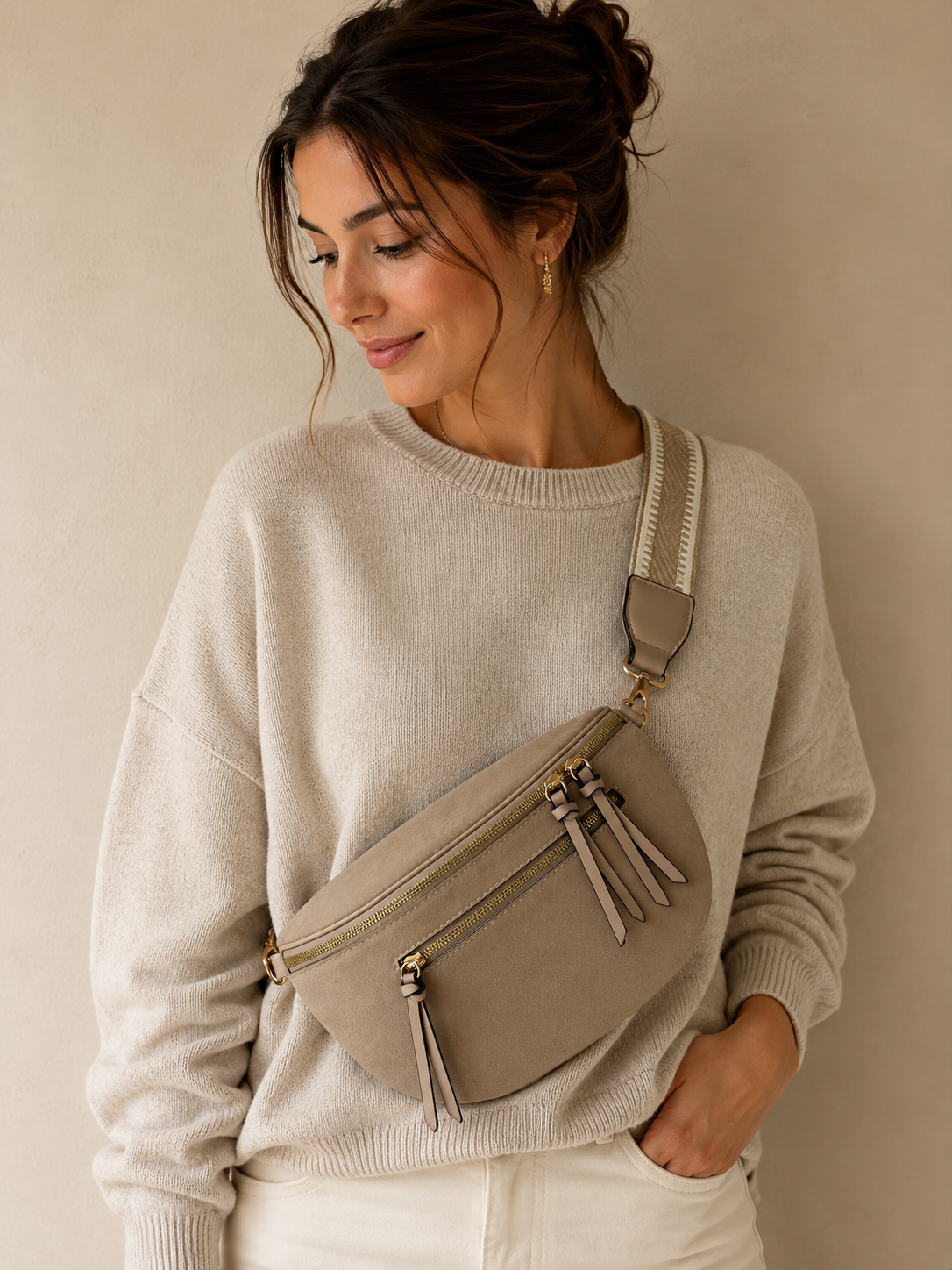 Sac banane femme XL bi-matière en daim beige – Porte-monnaie assorti – Bandoulière interchangeable
