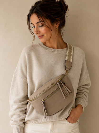 Sac banane femme XL bi-matière en daim beige – Porte-monnaie assorti – Bandoulière interchangeable