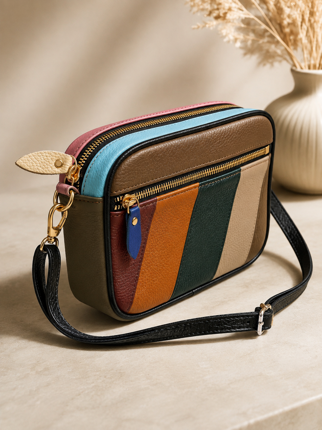 Sac bandoulière femme en cuir multicolore