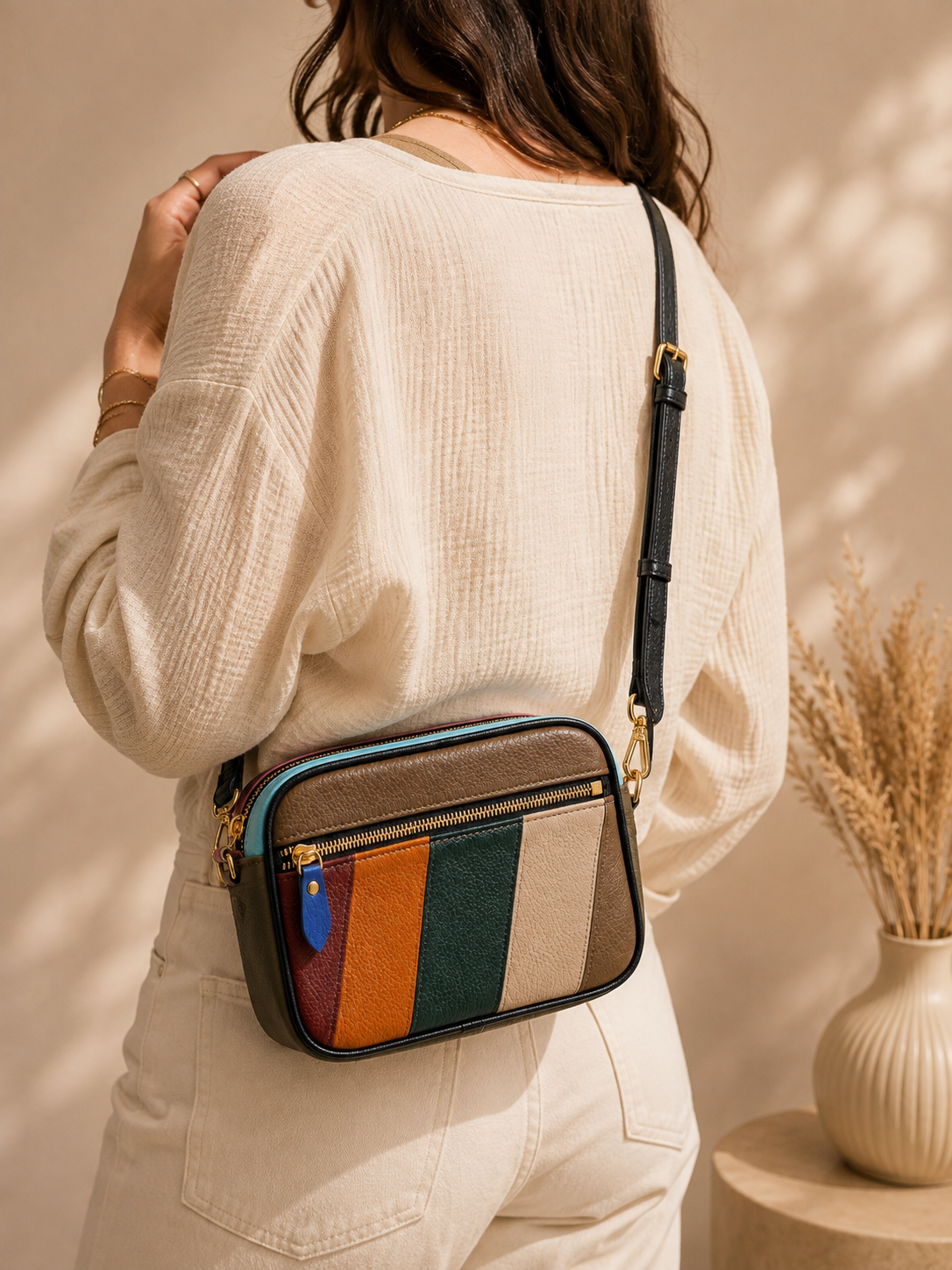 Sac bandoulière femme en cuir multicolore