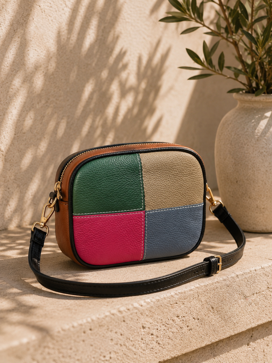 Sac bandoulière femme en cuir multicolore
