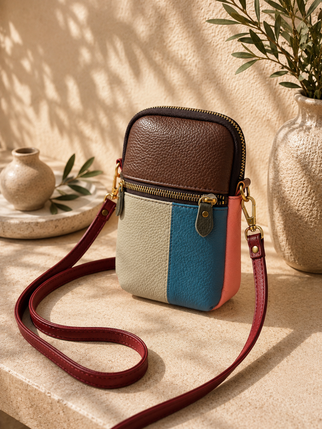 Sac téléphone femme en cuir multicolore