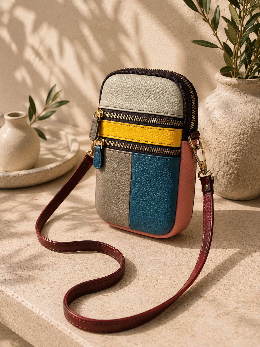 Sac téléphone femme en cuir multicolore