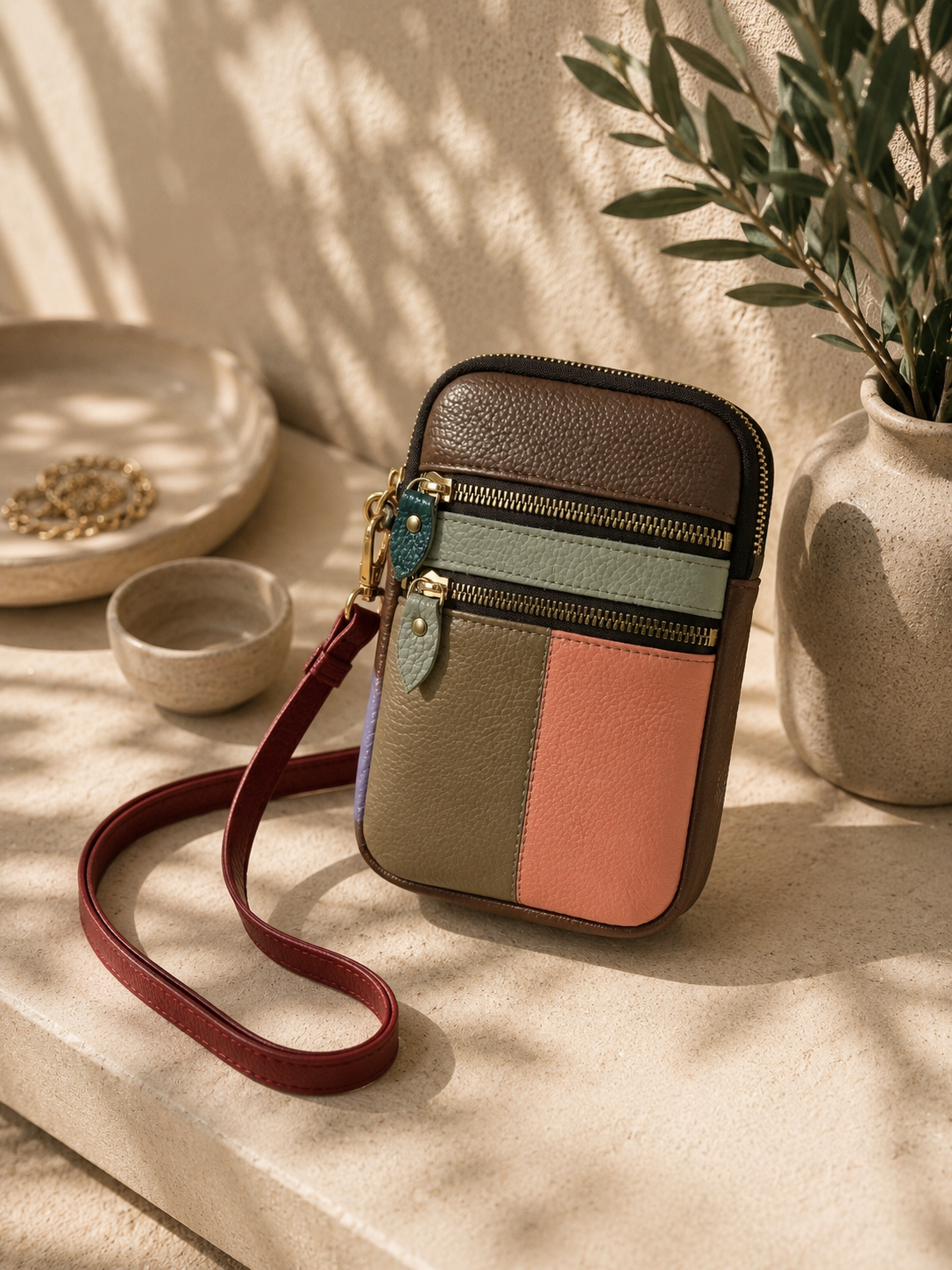Sac téléphone femme en cuir multicolore