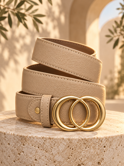 Ceinture femme tendance – Effet cuir beige – Double boucle ronde