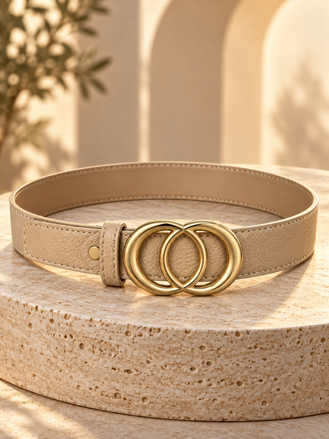 Ceinture femme tendance – Effet cuir beige – Double boucle ronde