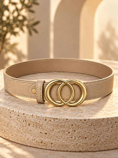 Ceinture femme tendance – Effet cuir beige – Double boucle ronde