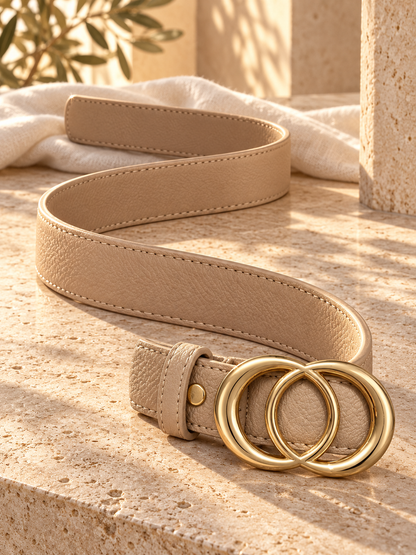 Ceinture femme tendance – Effet cuir beige – Double boucle ronde