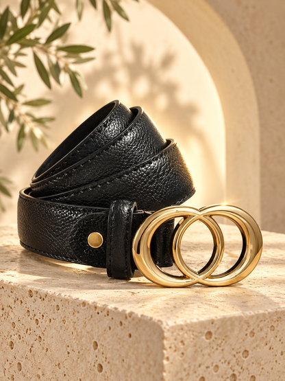 Ceinture femme tendance – Effet cuir noir – Double boucle ronde