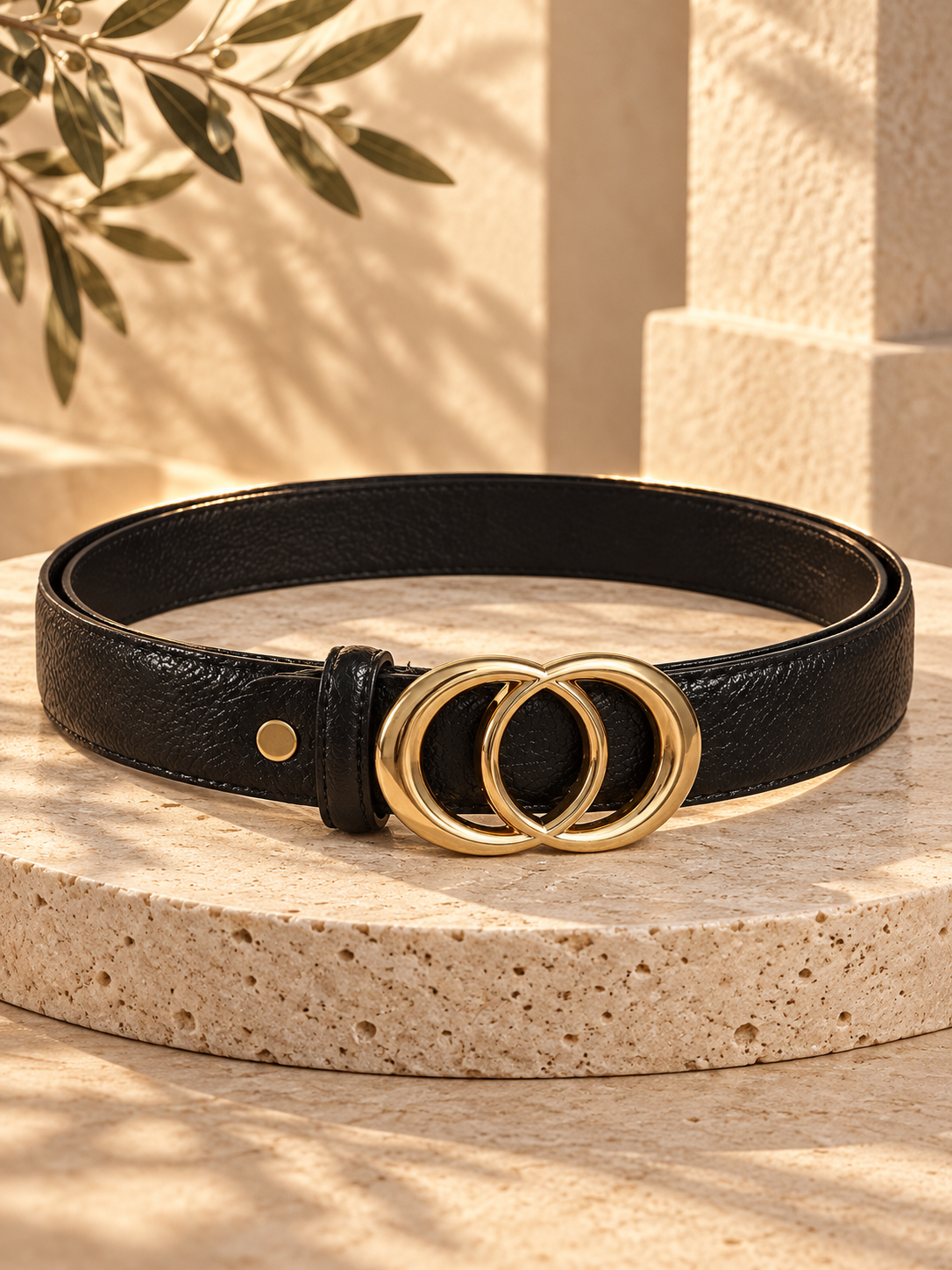 Ceinture femme tendance – Effet cuir noir – Double boucle ronde