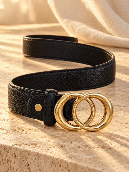 Ceinture femme tendance – Effet cuir noir – Double boucle ronde