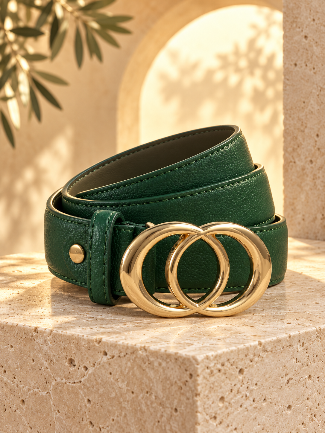 Ceinture femme tendance – Effet cuir vert sapin – Double boucle ronde